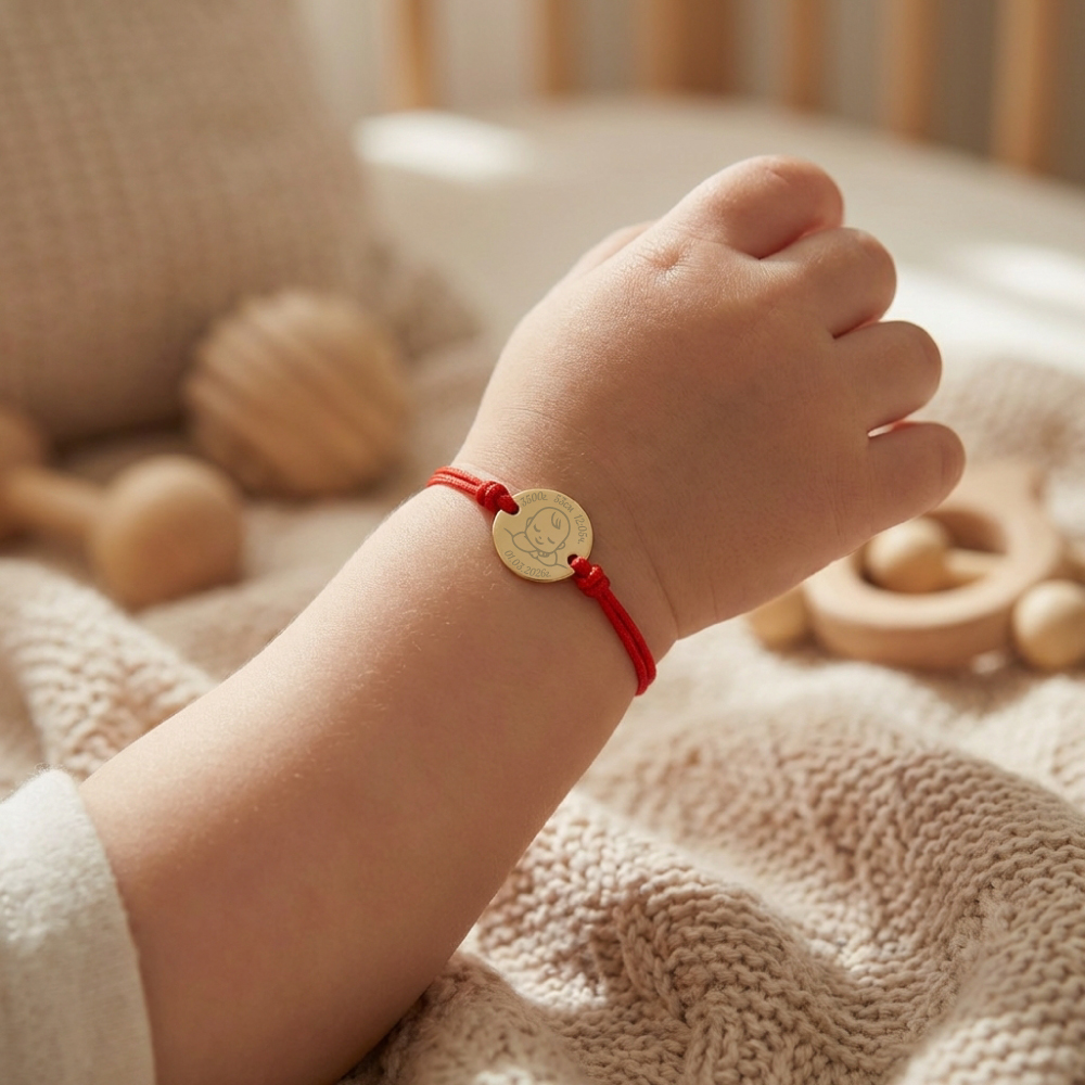 Златна гривна с конец Бебе момче от 14К злато на бебешка ръчичка