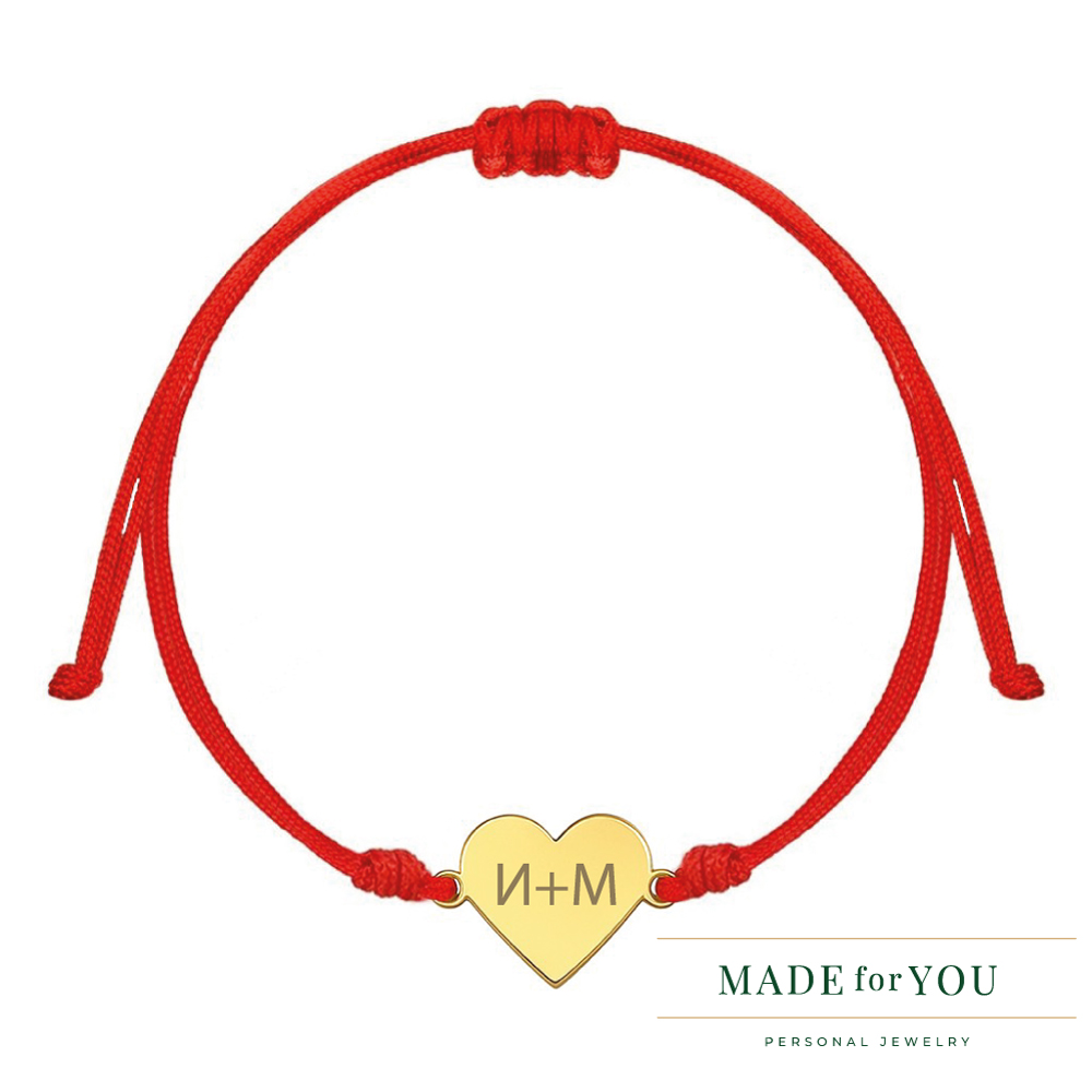 Гривна с червен конец – Златно сърце с инициали