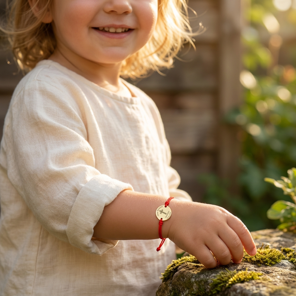 Златна гривна с конец за Свето Кръщение от 14К жълто злато носена от дете