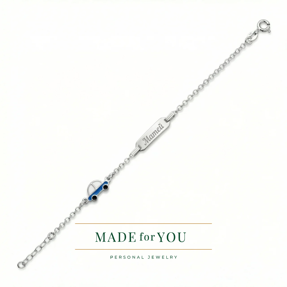 Сребърна детска гривна с количка от 925 сребро с плочка за гравиране – персонализиран подарък за дете